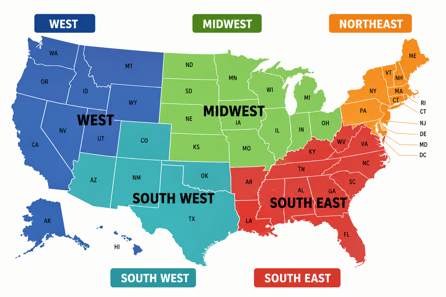 Map of US freight regions — West, Midwest, Southwest, Southeast and Northeast