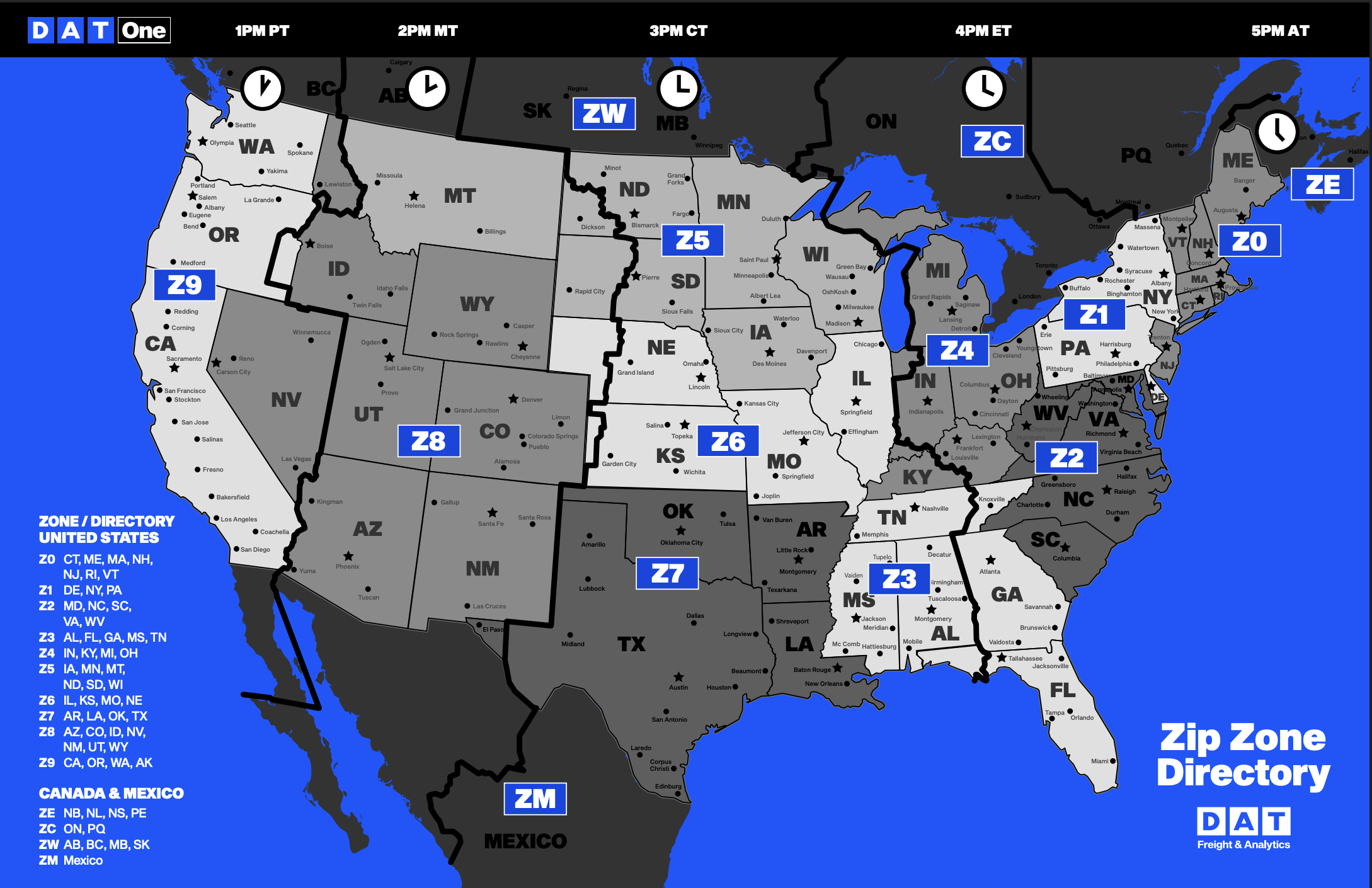 Zip Zone Directory — US freight zones Z0–Z9 plus Canada and Mexico